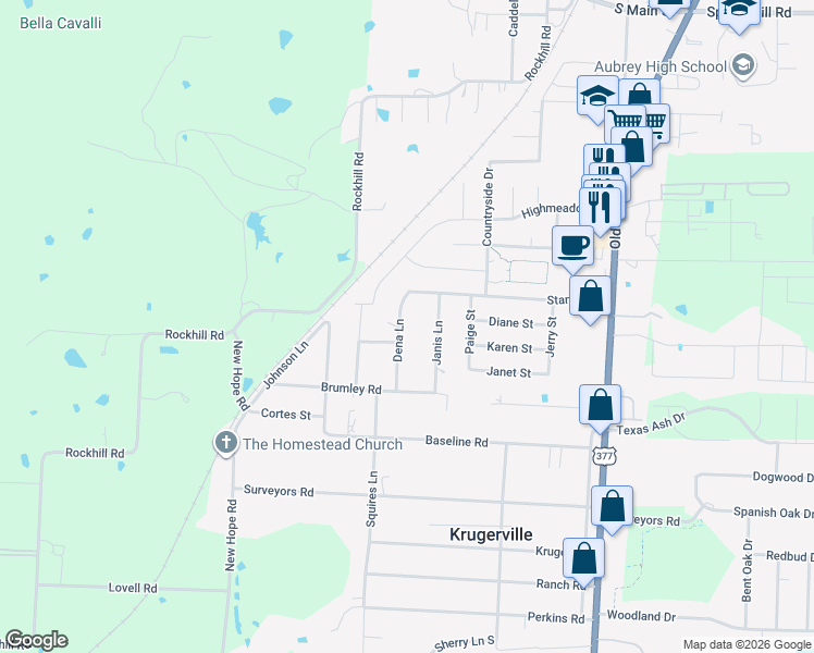 map of restaurants, bars, coffee shops, grocery stores, and more near 304 Dena Lane in Krugerville