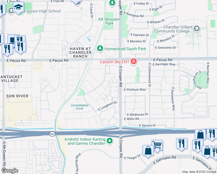 map of restaurants, bars, coffee shops, grocery stores, and more near 1251 South Amber Street in Chandler