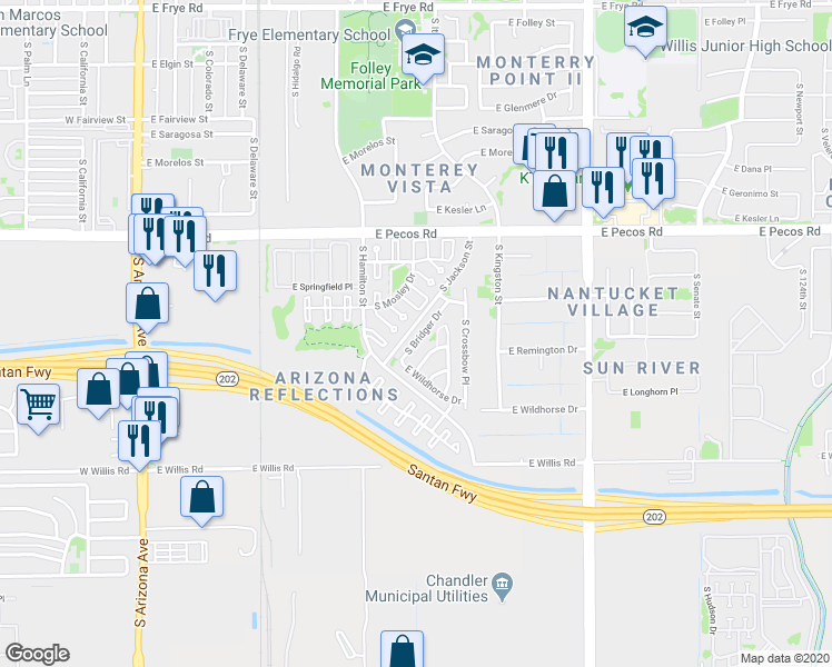 map of restaurants, bars, coffee shops, grocery stores, and more near 1241 South Bridger Drive in Chandler