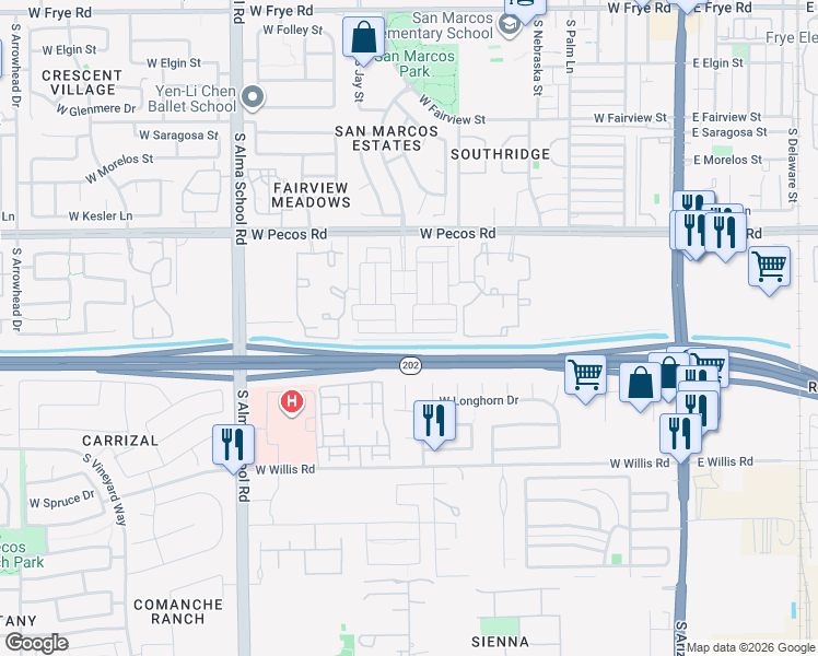 map of restaurants, bars, coffee shops, grocery stores, and more near 681 Flintlock Way in Chandler