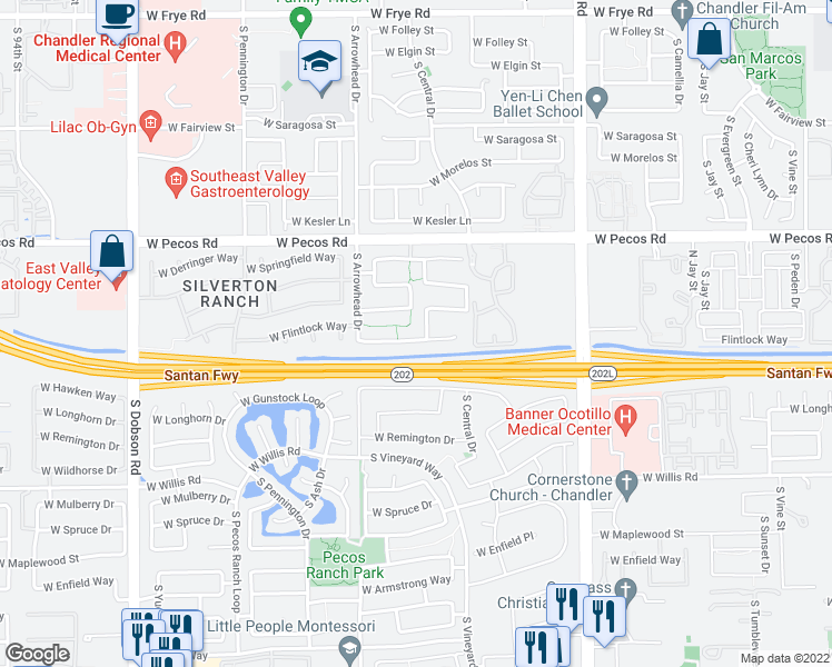 map of restaurants, bars, coffee shops, grocery stores, and more near 1361 West Flintlock Way in Chandler