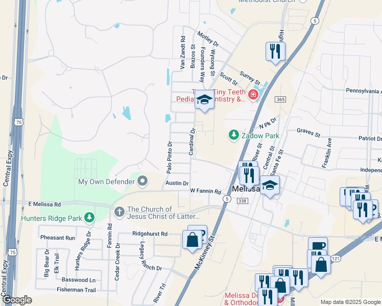 map of restaurants, bars, coffee shops, grocery stores, and more near 1117 Ellis Road in Melissa