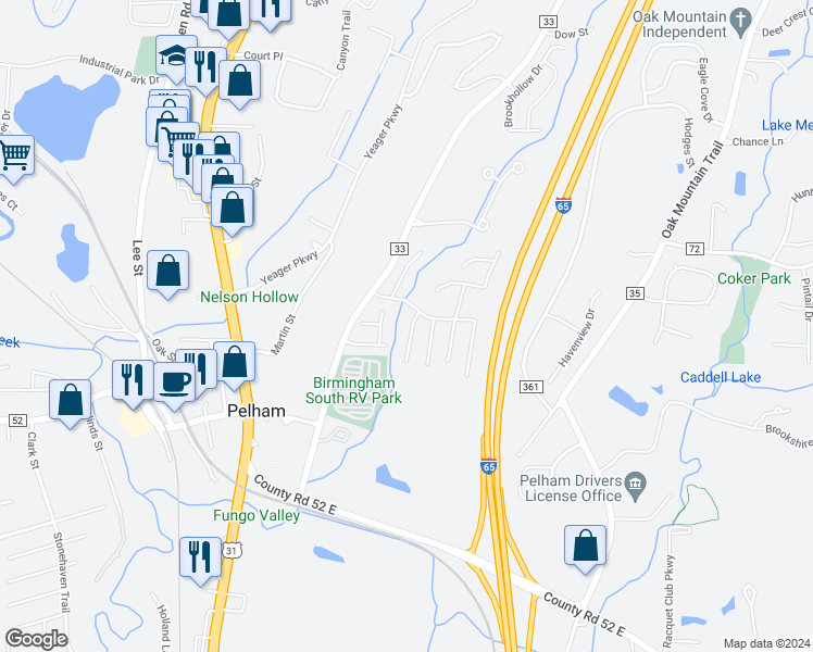 map of restaurants, bars, coffee shops, grocery stores, and more near 108 Hidden Creek Parkway in Pelham