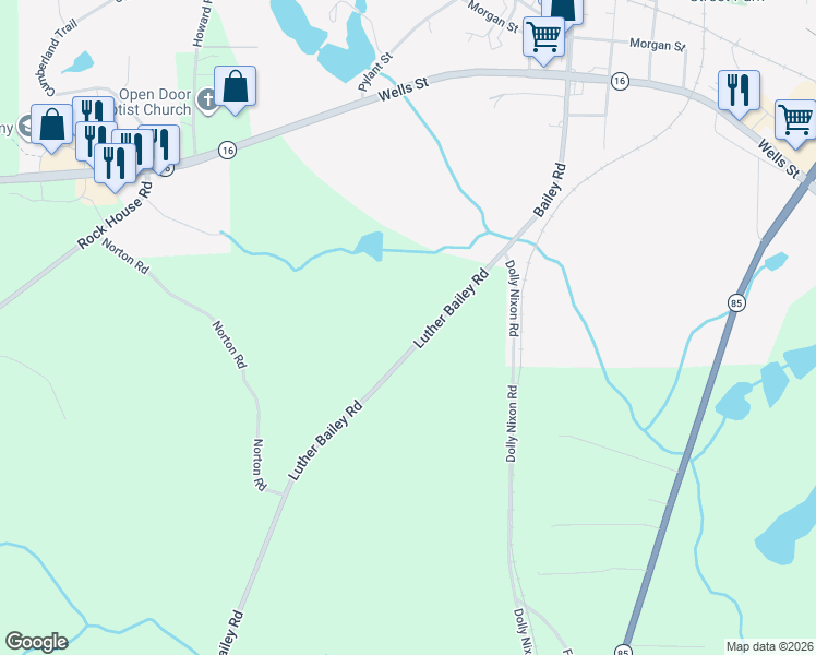 map of restaurants, bars, coffee shops, grocery stores, and more near 424 Luther Bailey Road in Senoia