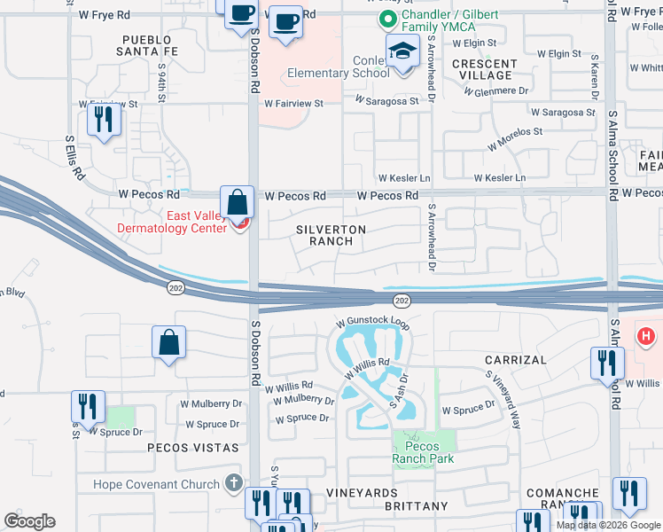 map of restaurants, bars, coffee shops, grocery stores, and more near 1237 South Cholla Court in Chandler