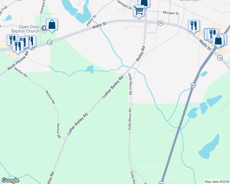 map of restaurants, bars, coffee shops, grocery stores, and more near 334 Luther Bailey Road in Senoia