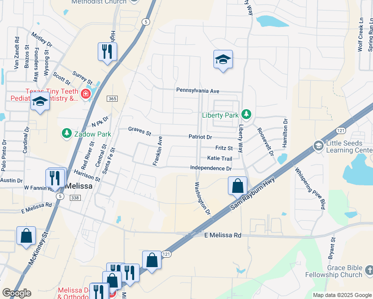 map of restaurants, bars, coffee shops, grocery stores, and more near 2308 Knox Way in Melissa