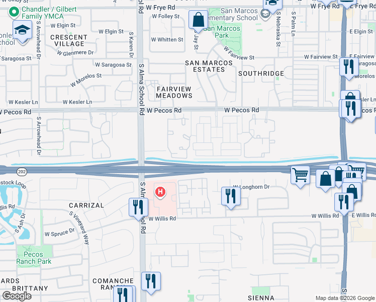 map of restaurants, bars, coffee shops, grocery stores, and more near 875 West Pecos Road in Chandler