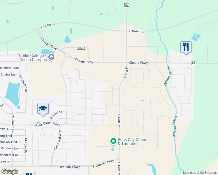map of restaurants, bars, coffee shops, grocery stores, and more near 4800 County Road 86 in Prosper