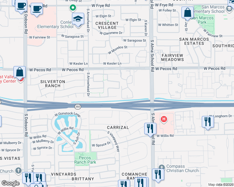map of restaurants, bars, coffee shops, grocery stores, and more near 1281 West Flintlock Way in Chandler