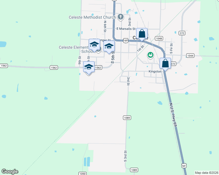 map of restaurants, bars, coffee shops, grocery stores, and more near 600 South 6th Street in Celeste