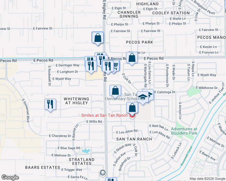 map of restaurants, bars, coffee shops, grocery stores, and more near 3236 East Sandy Way in Gilbert