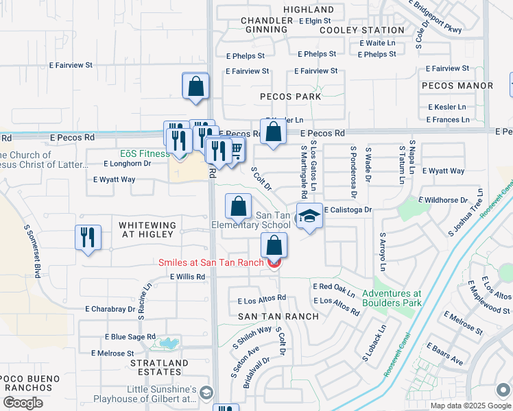 map of restaurants, bars, coffee shops, grocery stores, and more near 3292 East Sandy Way in Gilbert