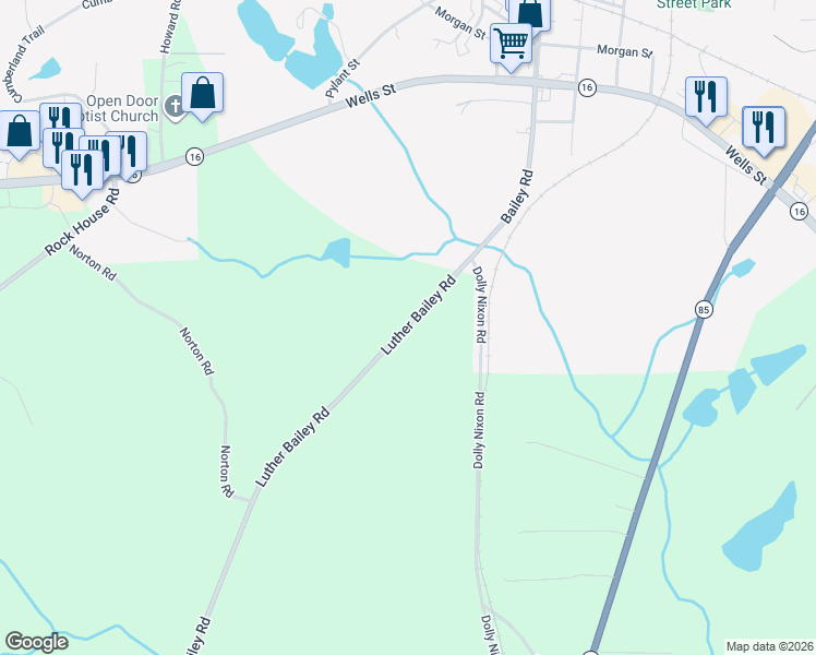 map of restaurants, bars, coffee shops, grocery stores, and more near 334 Luther Bailey Road in Senoia