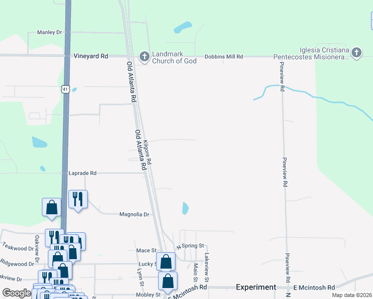 map of restaurants, bars, coffee shops, grocery stores, and more near 1006 Chester Woods Court in Griffin