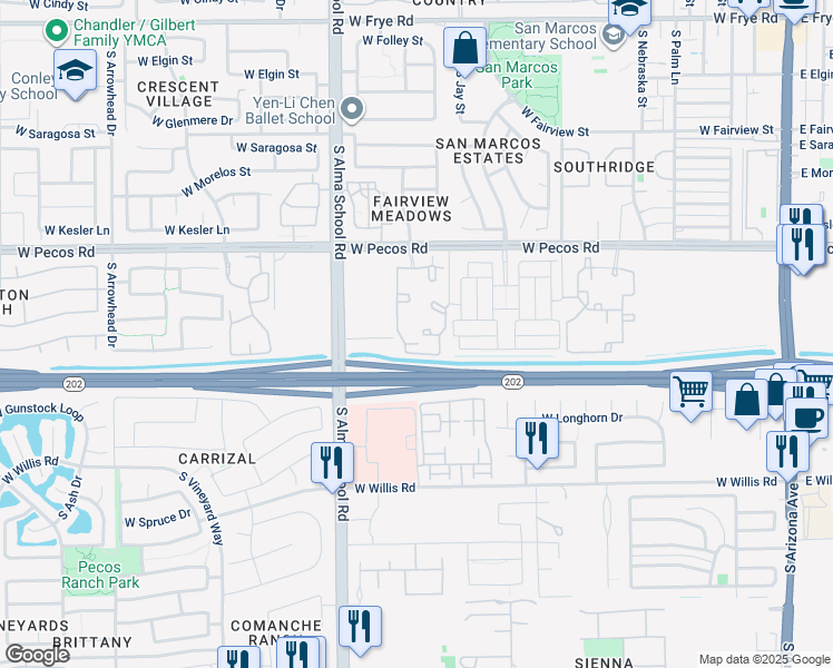 map of restaurants, bars, coffee shops, grocery stores, and more near 875 West Pecos Road in Chandler