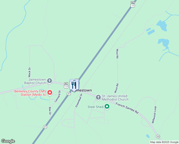 map of restaurants, bars, coffee shops, grocery stores, and more near 125 Townhouse Lane in Jamestown