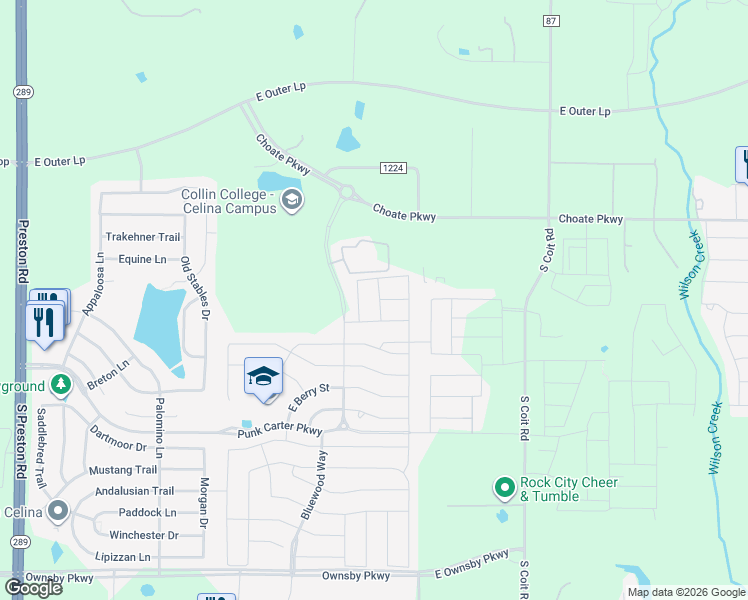 map of restaurants, bars, coffee shops, grocery stores, and more near 1110 Goldfinch Drive in Celina