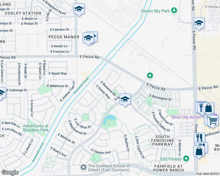 map of restaurants, bars, coffee shops, grocery stores, and more near 4208 East Sandy Way in Gilbert
