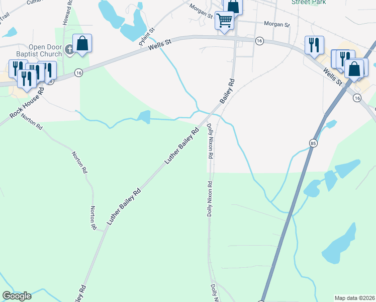 map of restaurants, bars, coffee shops, grocery stores, and more near 334 Luther Bailey Road in Senoia
