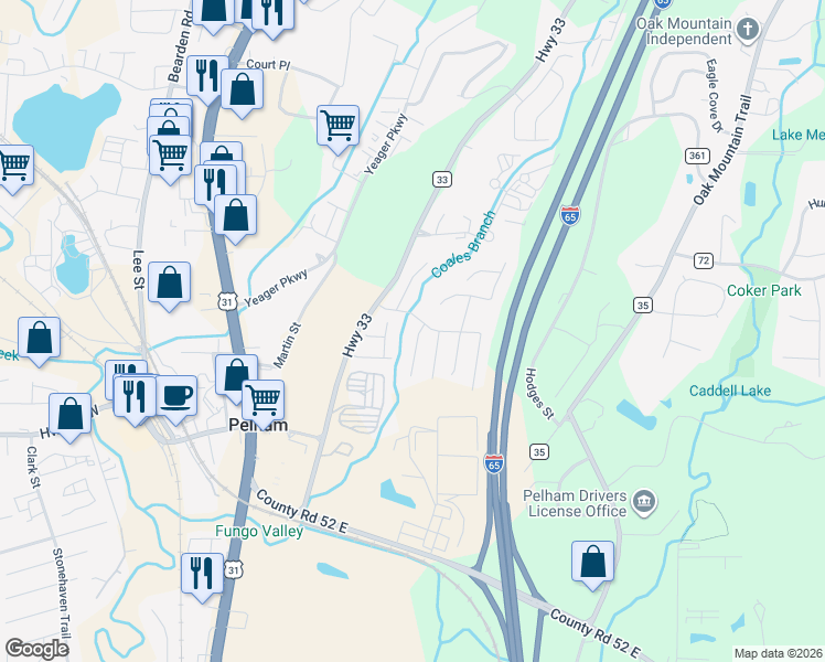 map of restaurants, bars, coffee shops, grocery stores, and more near 212 Hidden Creek Drive in Pelham