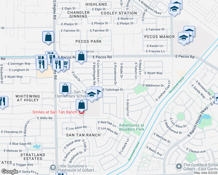 map of restaurants, bars, coffee shops, grocery stores, and more near 3563 East Wildhorse Drive in Gilbert
