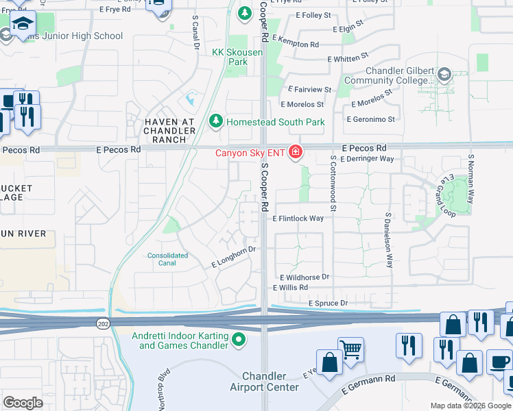 map of restaurants, bars, coffee shops, grocery stores, and more near 1990 East Browning Place in Chandler