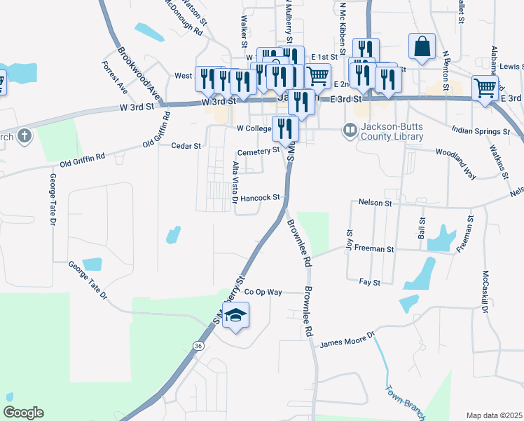 map of restaurants, bars, coffee shops, grocery stores, and more near 223 Hancock Street in Jackson