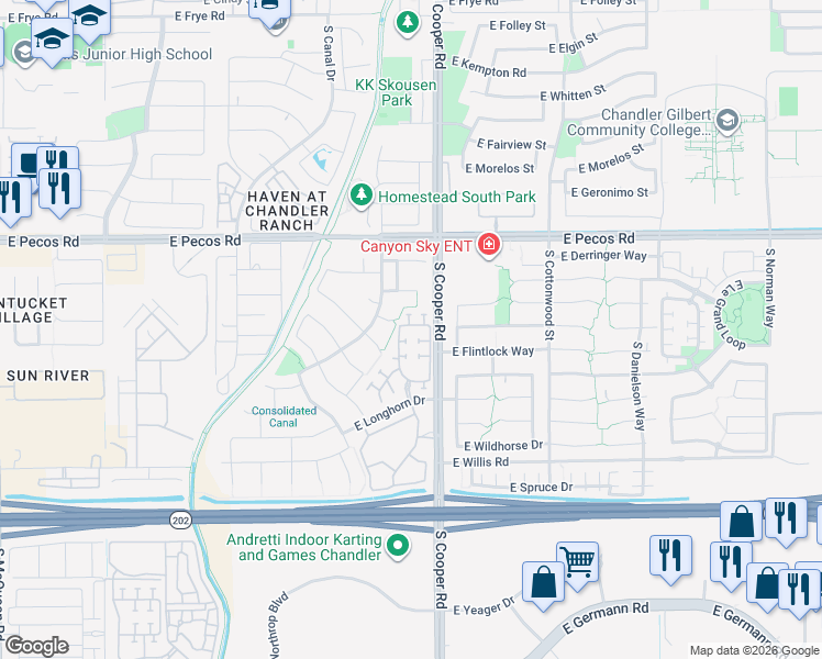 map of restaurants, bars, coffee shops, grocery stores, and more near 1959 East Browning Place in Chandler