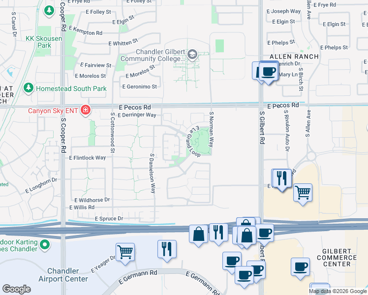 map of restaurants, bars, coffee shops, grocery stores, and more near 1177 South Roger Way in Chandler