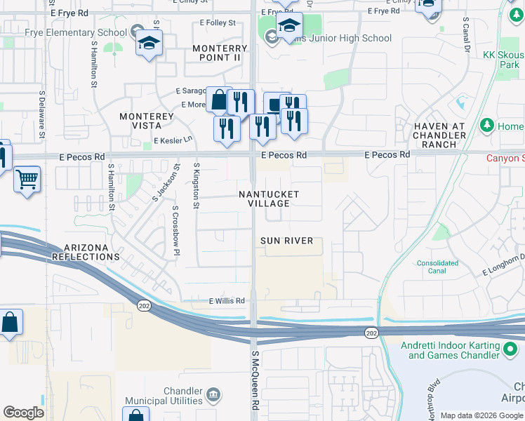 map of restaurants, bars, coffee shops, grocery stores, and more near in Chandler