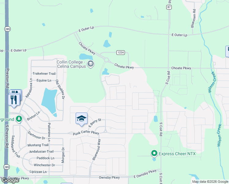 map of restaurants, bars, coffee shops, grocery stores, and more near 1109 Pelican Road in Celina