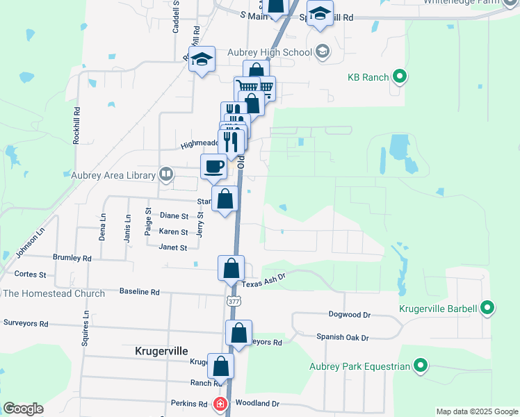 map of restaurants, bars, coffee shops, grocery stores, and more near 5502 U.S. 377 in Aubrey