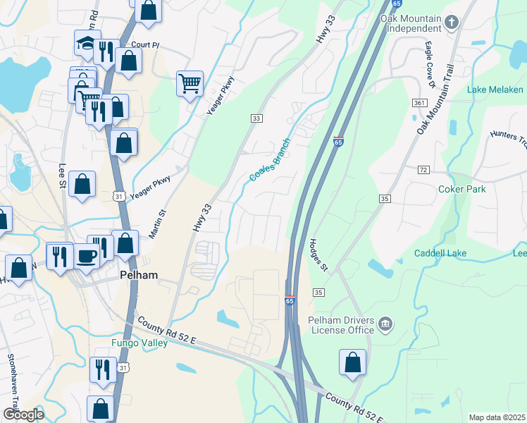 map of restaurants, bars, coffee shops, grocery stores, and more near 288 Hidden Creek Trail in Pelham
