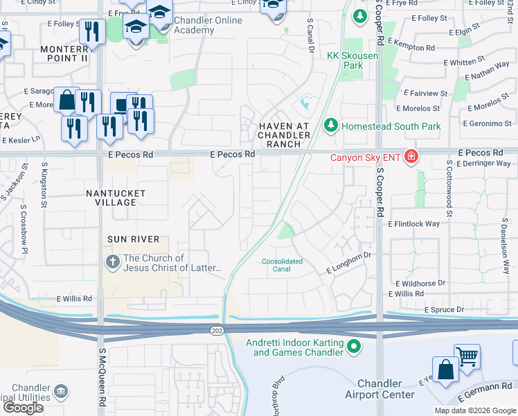 map of restaurants, bars, coffee shops, grocery stores, and more near 1510 East Gunstock Circle in Chandler