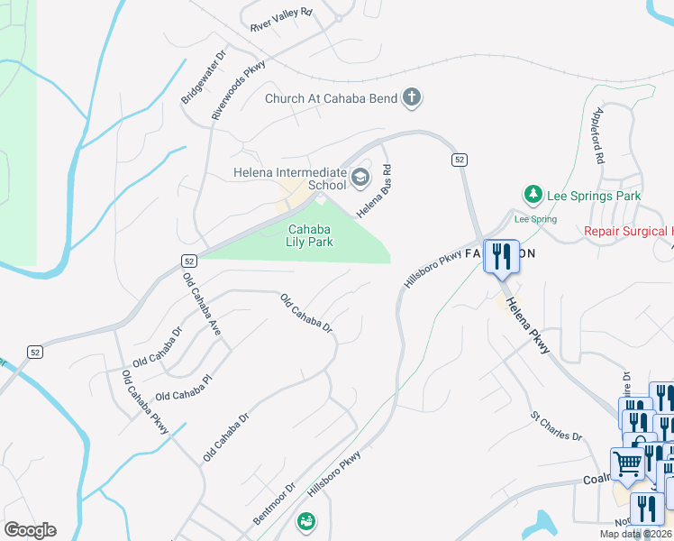 map of restaurants, bars, coffee shops, grocery stores, and more near 1139 Old Cahaba Circle in Helena