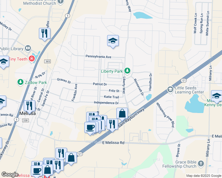 map of restaurants, bars, coffee shops, grocery stores, and more near 2617 Fritz Street in Melissa