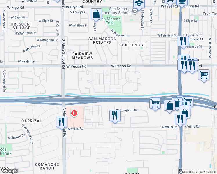 map of restaurants, bars, coffee shops, grocery stores, and more near 691 West Browning Place in Chandler