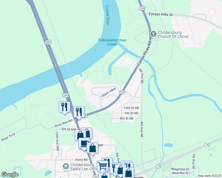 map of restaurants, bars, coffee shops, grocery stores, and more near 67 Lakeside Drive in Childersburg