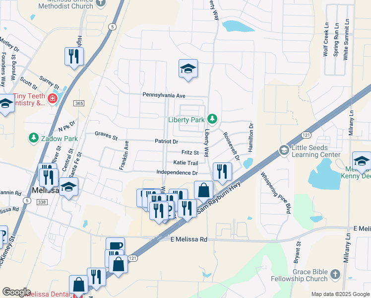 map of restaurants, bars, coffee shops, grocery stores, and more near 2613 Patriot Drive in Melissa