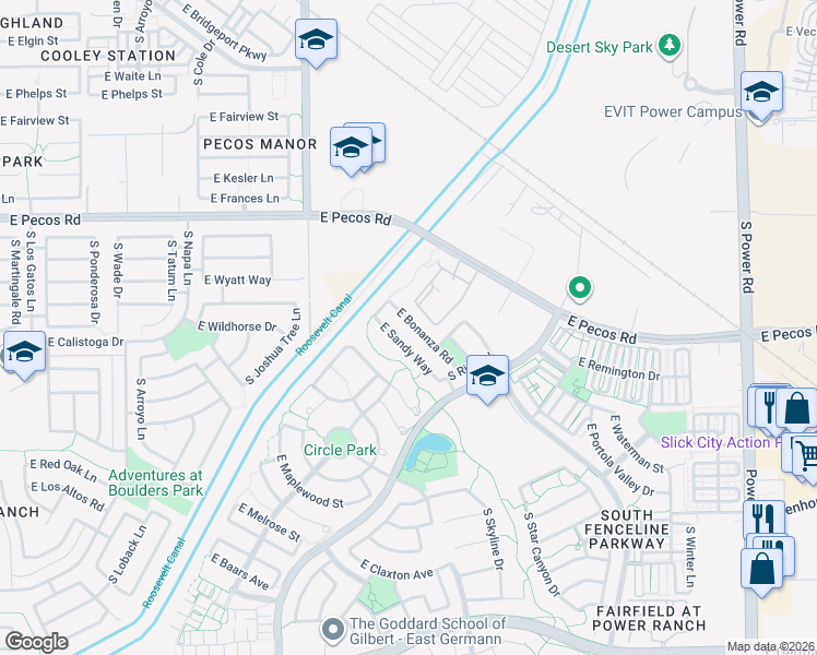 map of restaurants, bars, coffee shops, grocery stores, and more near 4255 East Pecos Road in Gilbert