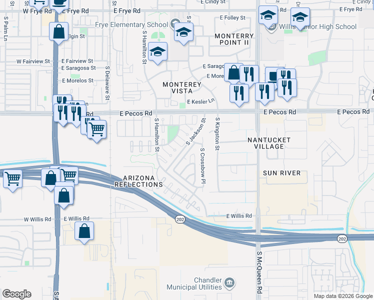 map of restaurants, bars, coffee shops, grocery stores, and more near 664 East Winchester Way in Chandler