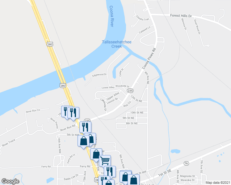 map of restaurants, bars, coffee shops, grocery stores, and more near 70 Lakeside Drive in Childersburg