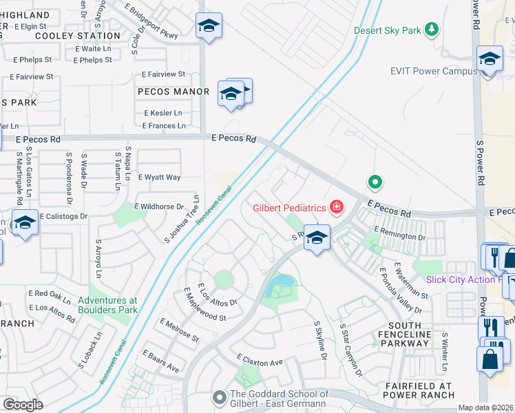 map of restaurants, bars, coffee shops, grocery stores, and more near 4158 East Sandy Way in Gilbert