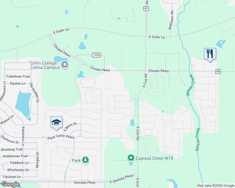map of restaurants, bars, coffee shops, grocery stores, and more near 9943-10197 County Road 88 in Celina