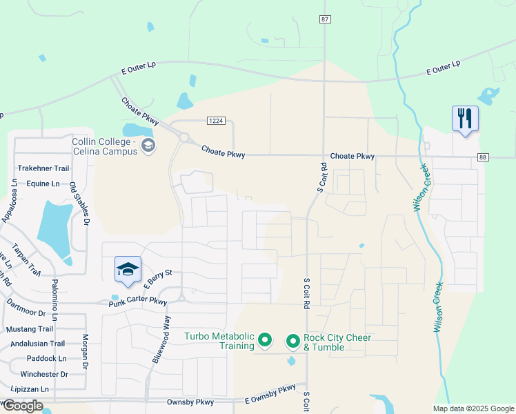 map of restaurants, bars, coffee shops, grocery stores, and more near 9943-10197 County Road 88 in Celina