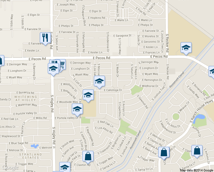 map of restaurants, bars, coffee shops, grocery stores, and more near 3572 East Wildhorse Drive in Gilbert