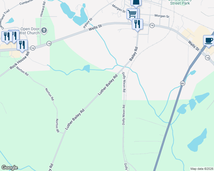 map of restaurants, bars, coffee shops, grocery stores, and more near 374 Luther Bailey Road in Senoia
