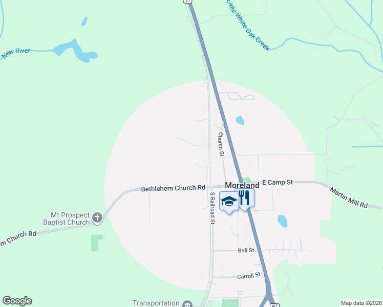 map of restaurants, bars, coffee shops, grocery stores, and more near 38 Puckett Station Drive in Moreland