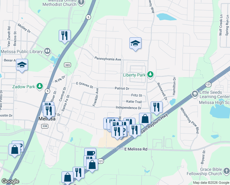 map of restaurants, bars, coffee shops, grocery stores, and more near 2308 Patriot Drive in Melissa